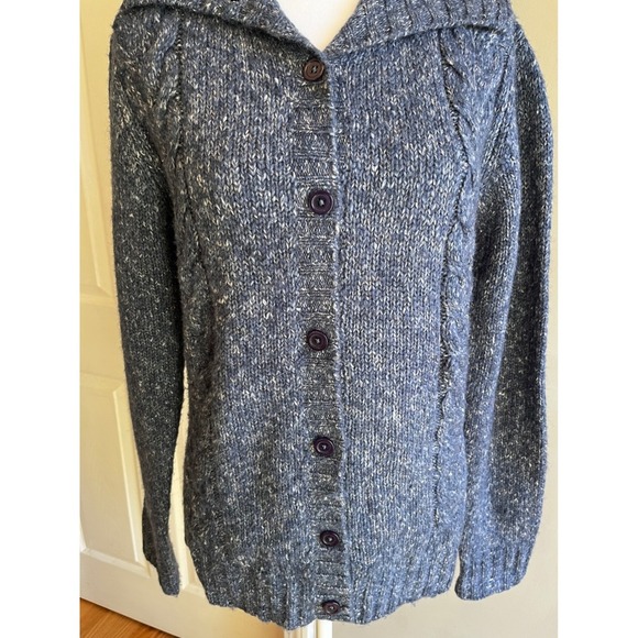 LL BEAN Cable Knit Cardigan Sweater with Shawl Collar, Button Front, Blue, Cozy - Picture 3 of 6